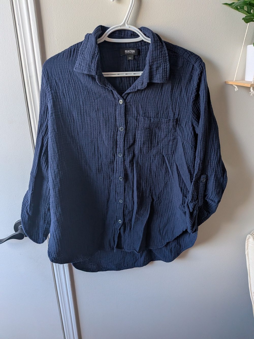 Kenneth Cole Reaction 100% Cotton Women's Navy Textured Button-Down Shirt